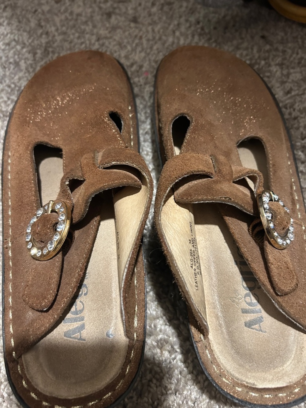 Alegria Brown Suede Slip-On Clogs with Rhinestone Buckle